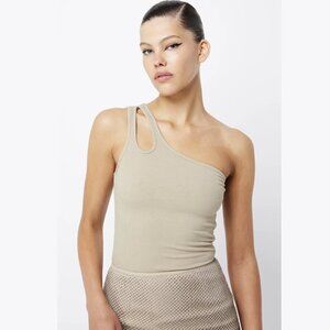 Basic Ribbed One Shoulder Fitted Tank Top in Beige - Neutral Layering Summer